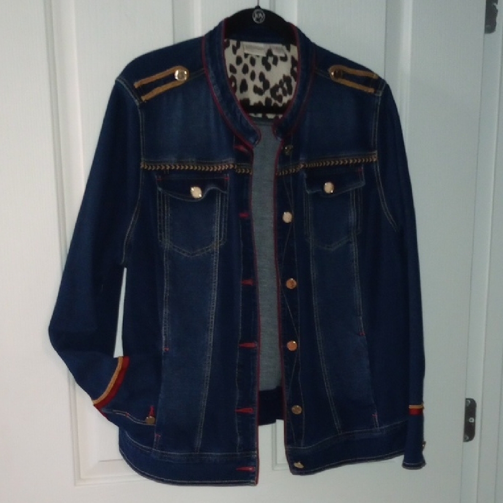 Chico's Blue and Gold Jean Jacket with Stylish Accents